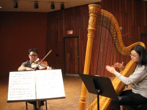 My view from the office: Onyx Trio recording at the Vancouver Academy of Music. Marcus Takizawa (left) and Joy Yeh (right).